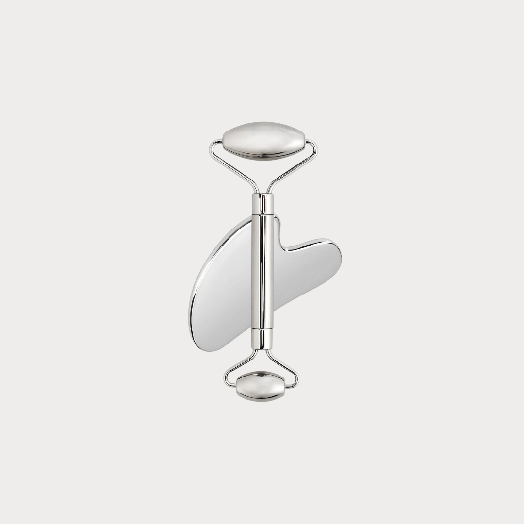 Roller & Schaber Set, Gua Sha, Edelstahl, silver Edition, Gesichtsroller, Gua Sha Schaber