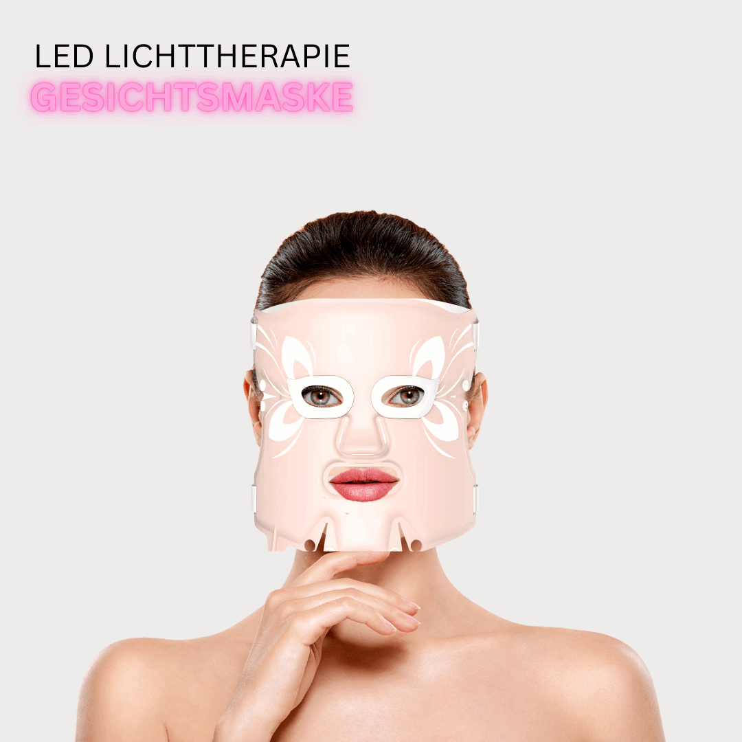 LED Lichttherapie Gesichtsmaske, Rotlichtherapie Silikon, Augenpads, Bänder, face mask, red light therapy, Frau mit glowing skin, Hautpflege, skincare