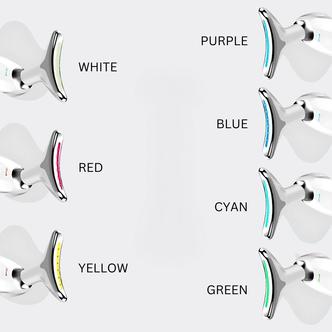 EMS Face Lifting Gerät mit LED-Lichttherapie in Farben Weiß, Rot, Gelb, Lila, Blau, Cyan, Grün für Hautstraffung und Hautpflege.