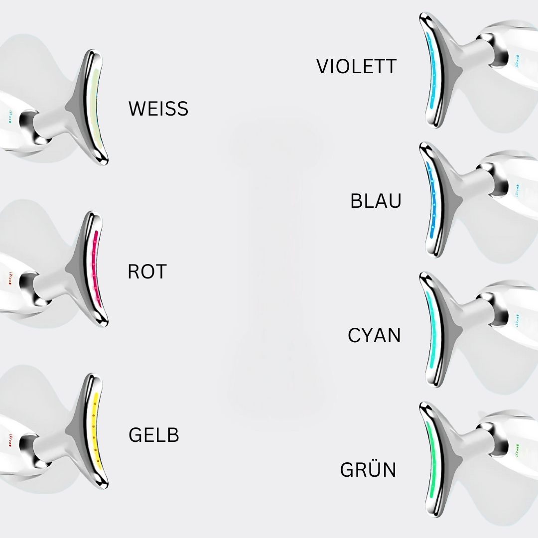 EMS Face Lifting Gerät mit verschiedenen LED-Lichttherapieeinstellungen in Weiß, Rot, Gelb, Violett, Blau, Cyan und Grün.