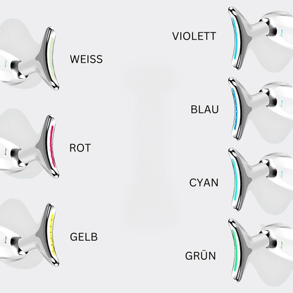 EMS Face Lifting Gerät mit verschiedenen LED-Lichttherapieeinstellungen in Weiß, Rot, Gelb, Violett, Blau, Cyan und Grün.